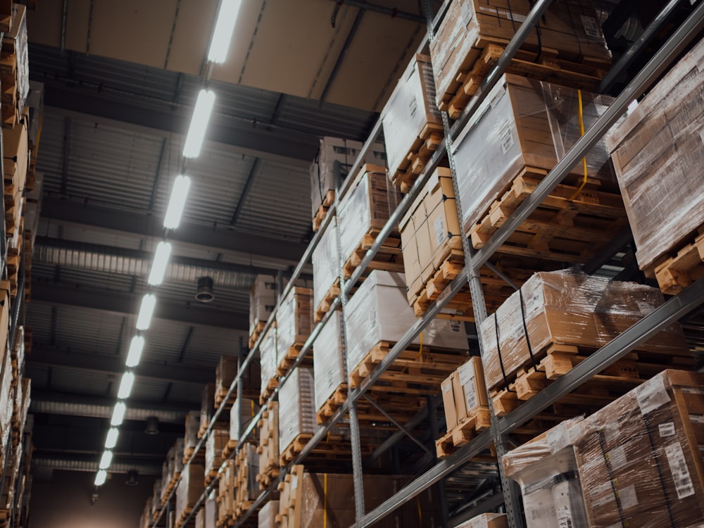 Cartons stored on warehouse pallet racking
